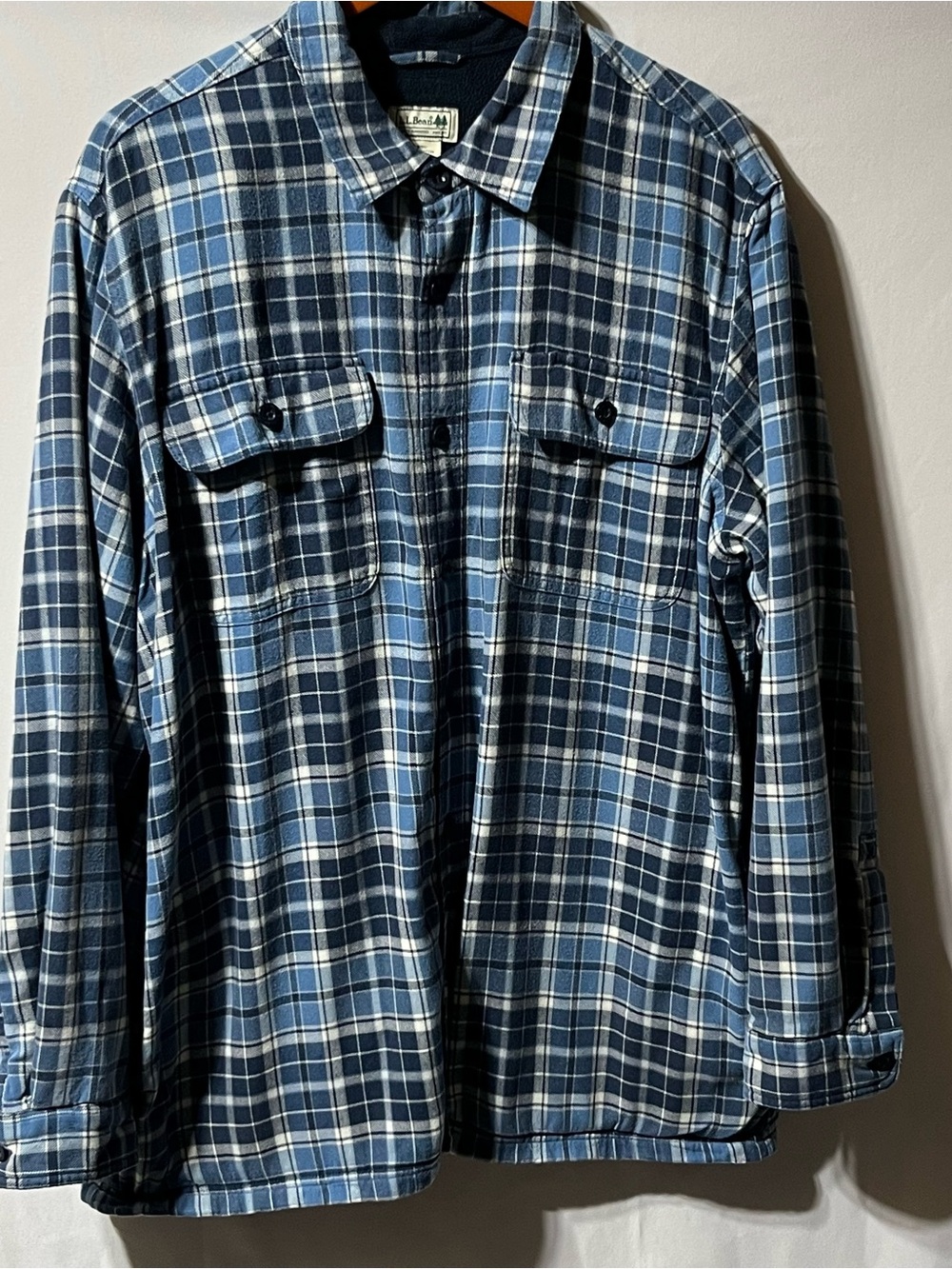 L.L.Bean Fleece Lined Plaid Flannel Shirt Jacket Shacket Blue